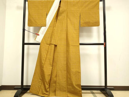 平和屋着物▽無形文化財　本場黄八丈　近藤傳　草木染　手織　紬　単衣　格子　正絹　逸品　DABH45287du