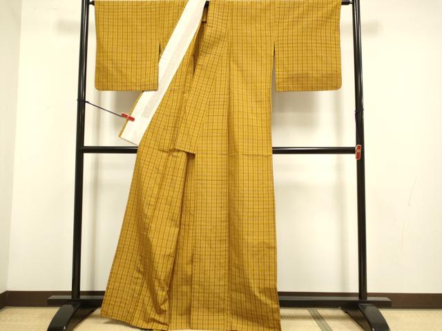 平和屋着物▽無形文化財　本場黄八丈　近藤傳　草木染　手織　紬　単衣　格子　正絹　逸品　DABH45287du
