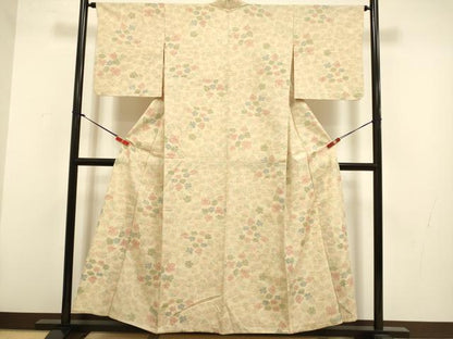 平和屋着物▽上質な紬　単衣　草花文　正絹　逸品　DABH4529du