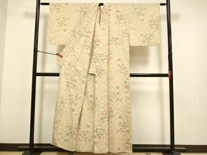 平和屋着物▽上質な紬　単衣　草花文　正絹　逸品　DABH4529du