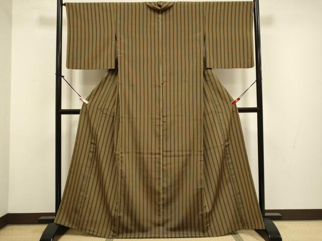 平和屋着物▽上質なお召　単衣　間道　正絹　逸品　DABH4531du