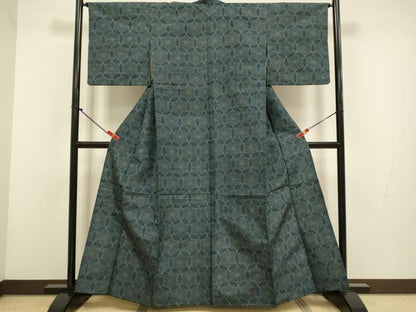 平和屋着物▽上質な紬　単衣　麻の葉文様　正絹　逸品　DABH4536du