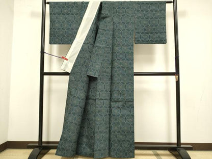 平和屋着物▽上質な紬　単衣　麻の葉文様　正絹　逸品　DABH4536du