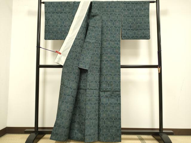 平和屋着物▽上質な紬　単衣　麻の葉文様　正絹　逸品　DABH4536du