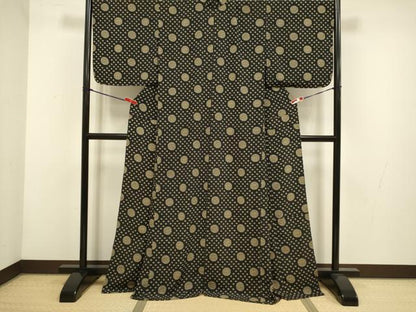 平和屋着物▽小紋　単衣　丸文　黒地　洗える着物　DABH4538du