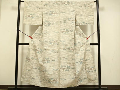 平和屋着物▽上質な紬　単衣　風景文　正絹　逸品　DABH4539du