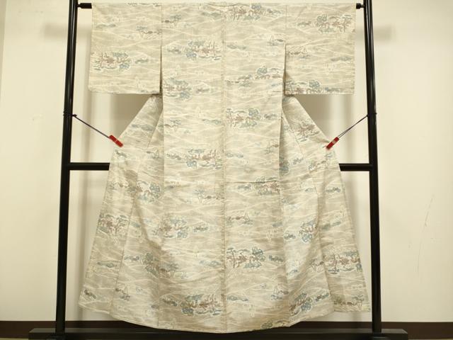 平和屋着物▽上質な紬　単衣　風景文　正絹　逸品　DABH4539du