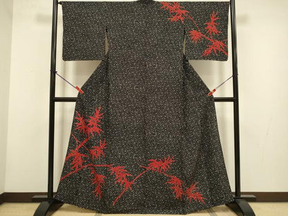 平和屋着物▽訪問着　単衣　笹竹文　黒地　洗える着物　DABH4559du