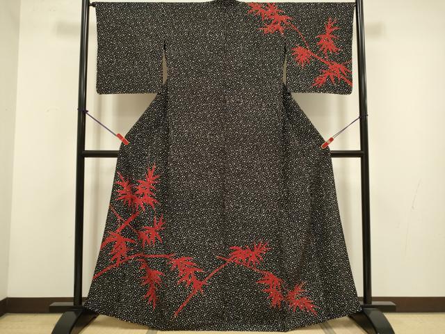 平和屋着物▽訪問着　単衣　笹竹文　黒地　洗える着物　DABH4559du
