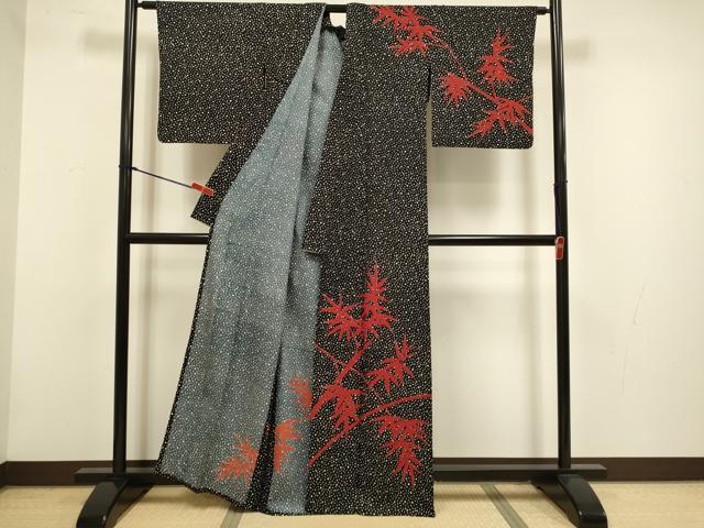 平和屋着物▽訪問着　単衣　笹竹文　黒地　洗える着物　DABH4559du