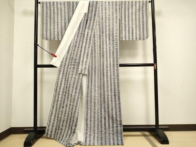 平和屋着物＊夏物　小千谷　紺仁　越後片貝木綿　小紋・浴衣兼用　間道　証紙付き　木綿　逸品　DABH4587du