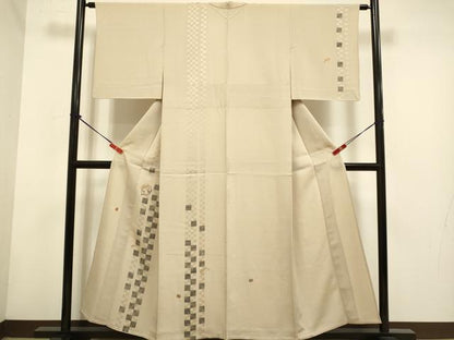 平和屋着物▽訪問着　単衣　紬地　竹屋町刺繍　市松間道　宝尽くし　正絹　逸品　DABH4590du