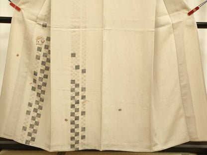 平和屋着物▽訪問着　単衣　紬地　竹屋町刺繍　市松間道　宝尽くし　正絹　逸品　DABH4590du