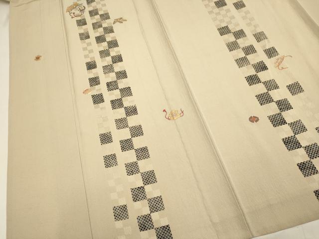 平和屋着物▽訪問着　単衣　紬地　竹屋町刺繍　市松間道　宝尽くし　正絹　逸品　DABH4590du