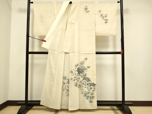 平和屋着物▽訪問着　単衣　紬地　手描き　草花文　正絹　逸品　DABH4596du