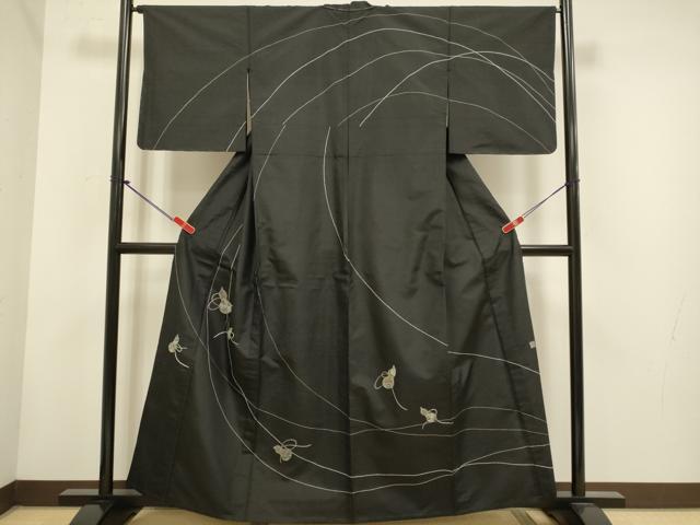 平和屋着物▽訪問着　単衣　紬地　作家物　刺子　瓢箪　黒地　正絹　逸品　未使用　DABH4598du