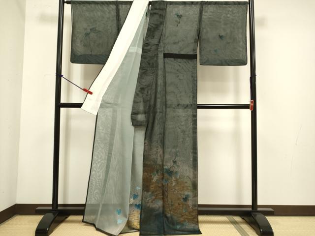 平和屋着物▽訪問着　無双　紗袷　紗×紗　葡萄蔦の葉文　暈し染め　金彩　正絹　逸品　DABH4604du