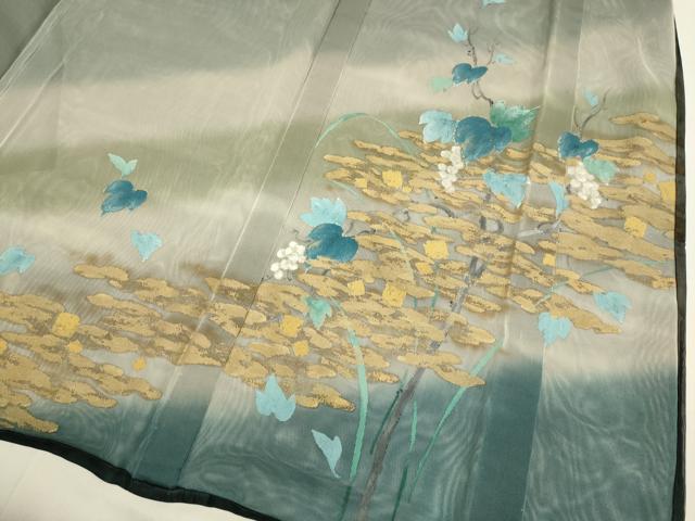 平和屋着物▽訪問着　無双　紗袷　紗×紗　葡萄蔦の葉文　暈し染め　金彩　正絹　逸品　DABH4604du