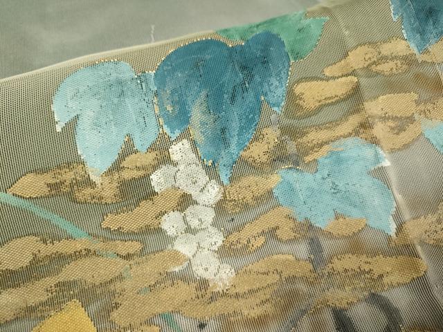 平和屋着物▽訪問着　無双　紗袷　紗×紗　葡萄蔦の葉文　暈し染め　金彩　正絹　逸品　DABH4604du