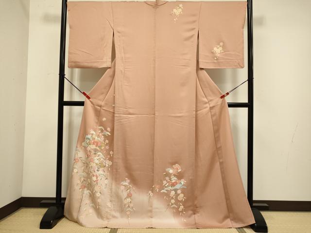 平和屋着物▽訪問着　単衣　扇花蝶文　暈し染め　金彩　ロング丈　正絹　逸品　DABH4611du