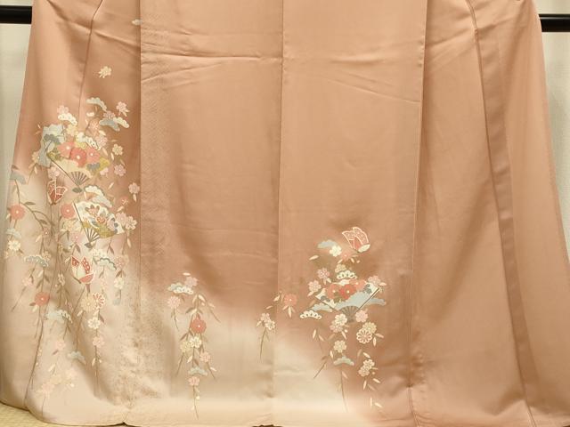 平和屋着物▽訪問着　単衣　扇花蝶文　暈し染め　金彩　ロング丈　正絹　逸品　DABH4611du