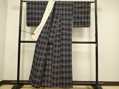 平和屋着物▽上質な紬　単衣　変わり格子　正絹　逸品　未使用　DABH4614du