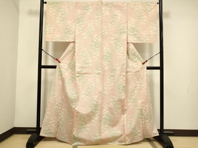 平和屋着物▽上質な紬　単衣　草葉文　正絹　逸品　未使用　DABH4615du