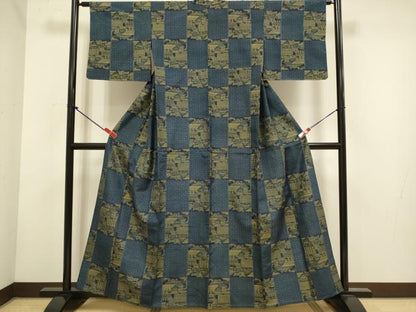 平和屋着物▽上質な紬　単衣　市松風景文　正絹　逸品　DABH4616du