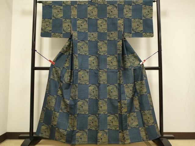 平和屋着物▽上質な紬　単衣　市松風景文　正絹　逸品　DABH4616du