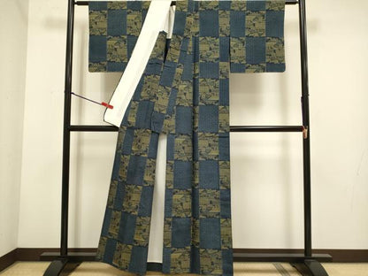 平和屋着物▽上質な紬　単衣　市松風景文　正絹　逸品　DABH4616du