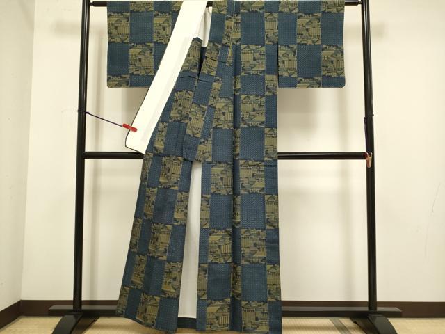 平和屋着物▽上質な紬　単衣　市松風景文　正絹　逸品　DABH4616du