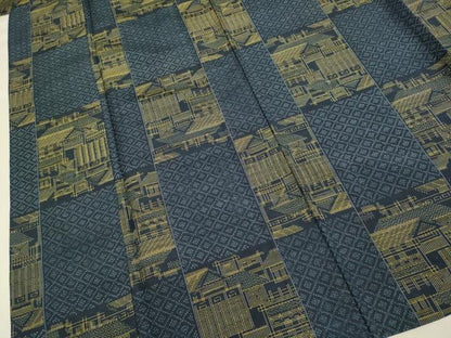 平和屋着物▽上質な紬　単衣　市松風景文　正絹　逸品　DABH4616du