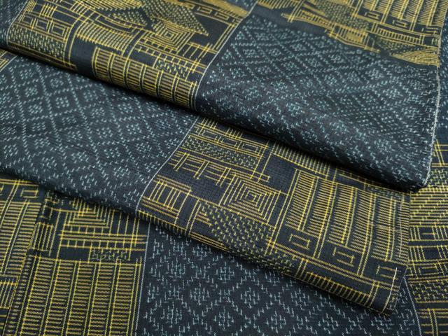 平和屋着物▽上質な紬　単衣　市松風景文　正絹　逸品　DABH4616du