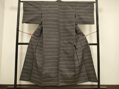 平和屋着物▽上質な紬　単衣　横段文　正絹　逸品　DABH4619du