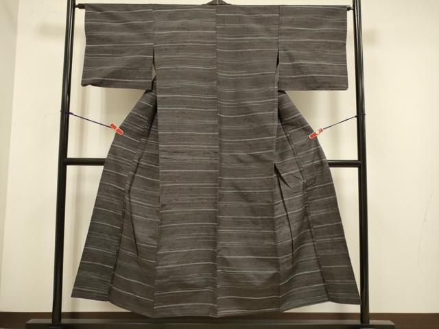 平和屋着物▽上質な紬　単衣　横段文　正絹　逸品　DABH4619du