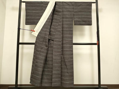 平和屋着物▽上質な紬　単衣　横段文　正絹　逸品　DABH4619du