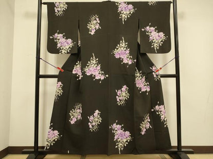 平和屋着物▽上質な小紋　単衣　薔薇　黒地　正絹　逸品　DABH4625du