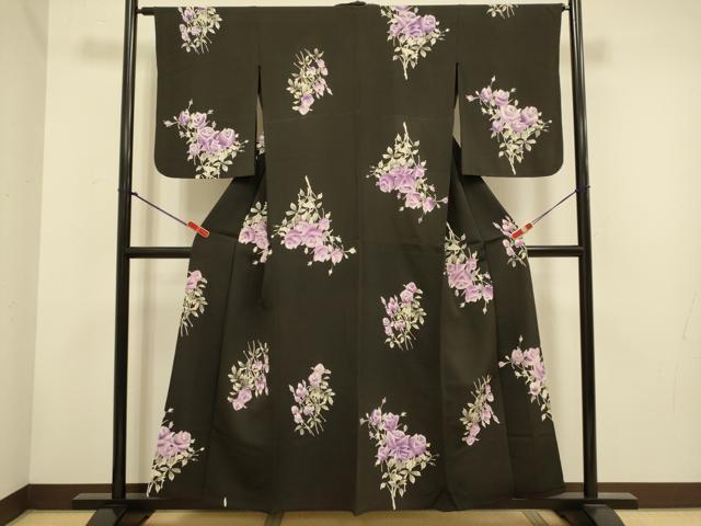 平和屋着物▽上質な小紋　単衣　薔薇　黒地　正絹　逸品　DABH4625du