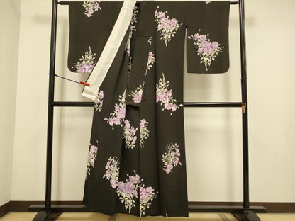 平和屋着物▽上質な小紋　単衣　薔薇　黒地　正絹　逸品　DABH4625du