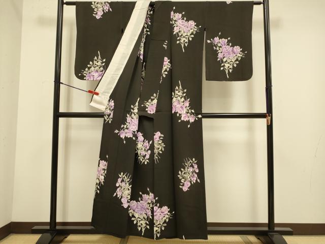 平和屋着物▽上質な小紋　単衣　薔薇　黒地　正絹　逸品　DABH4625du