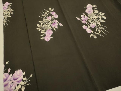 平和屋着物▽上質な小紋　単衣　薔薇　黒地　正絹　逸品　DABH4625du