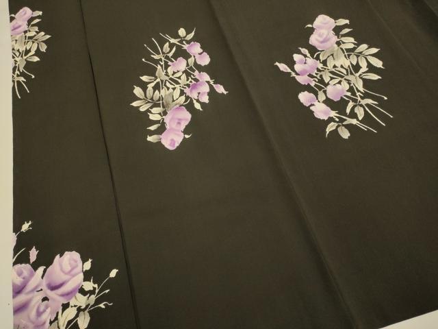平和屋着物▽上質な小紋　単衣　薔薇　黒地　正絹　逸品　DABH4625du