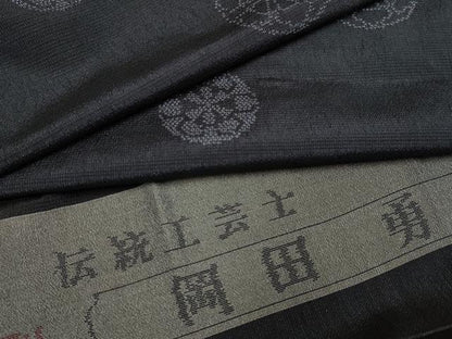 平和屋着物▽伝統工芸士　岡田勇　本塩沢　単衣　片輪車文　反端付き　正絹　逸品　DABH4628du