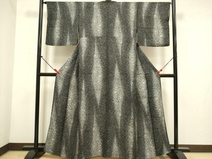 平和屋着物▽上質な小紋　単衣　霞文　黒地　銀通し地　正絹　逸品　DABH4634du