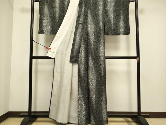 平和屋着物▽上質な小紋　単衣　霞文　黒地　銀通し地　正絹　逸品　DABH4634du