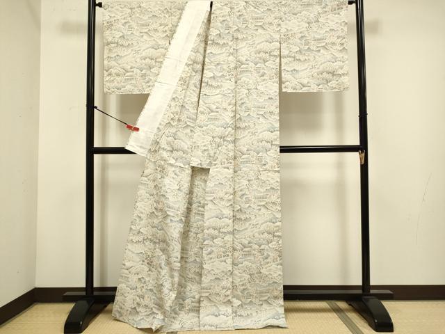 平和屋着物▽上質な紬　単衣　人物風景文　正絹　逸品　DABH4636du