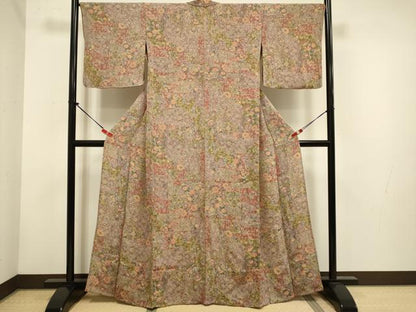平和屋着物▽上質な小紋　単衣　草花文　鬼しぼ縮緬　まるやま扱い　正絹　逸品　DABH4638du