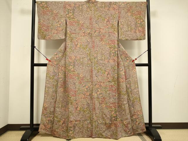 平和屋着物▽上質な小紋　単衣　草花文　鬼しぼ縮緬　まるやま扱い　正絹　逸品　DABH4638du