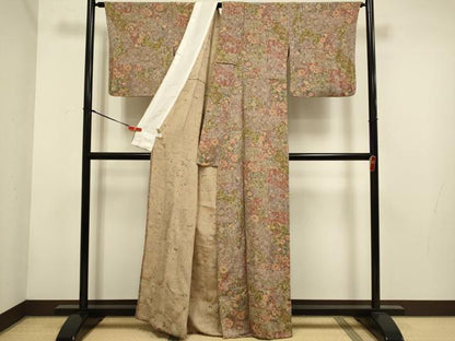 平和屋着物▽上質な小紋　単衣　草花文　鬼しぼ縮緬　まるやま扱い　正絹　逸品　DABH4638du
