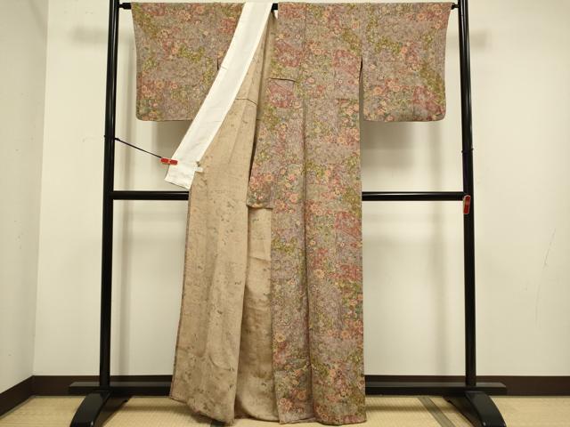 平和屋着物▽上質な小紋　単衣　草花文　鬼しぼ縮緬　まるやま扱い　正絹　逸品　DABH4638du
